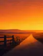 Grainy gradient illustration: A bicycle leaning on a fence at the start of a long empty lane in low gold light.