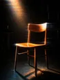 Prism-light photograph: A freshly sanded and oiled chair standing finished in a workshop, sawdust still hanging in the hard light.