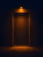 Film photograph: a single unmarked door in a dark wall at night, one small warm light glowing above it.