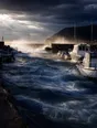 Motion photograph: a harbour the morning after a storm, water still surging through the entrance and every boat intact on its moorings