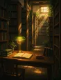 Painted anime scene: Deep between the library stacks in the late afternoon, one green-shaded lamp making a warm pool over a reading table, shelves rising into soft light.