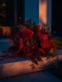 Film photograph: an overflowing bouquet of red and magenta flowers on a stone doorstep in warm dusk side light.