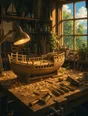 Painted anime scene: A workshop at golden hour with a wooden model ship half-built under a warm work lamp, shavings curled on the bench, tools in order, the window glowing.