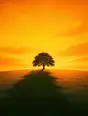 Grainy gradient illustration: One full broad tree standing alone on an open golden hill, its long shadow reaching toward us.