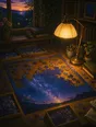 Painted anime scene: A thousand-piece jigsaw of a painted night sky half-finished on a table, the border complete, sorted edges in trays, an evening lamp warm above it.