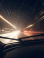 Motion photograph: heavy rain driving against a windscreen at speed at night, the wipers caught mid-arc
