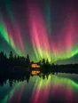 Film photograph: the aurora in magenta and green filling the sky over a calm lake, one lit house mirrored on the far shore.