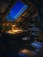 Painted anime scene: An attic study at night with the skylight open to a vivid star-filled sky, a warm lamp over a full desk, bookshelves under the eaves, a ladder of moonlight on the floor.