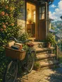 Painted anime scene: A bicycle with a full basket of books and groceries parked calmly at the foot of the steps, kickstand down, bright day, the house door open warm.