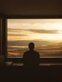 Struck-light photograph: one person seated well back from a very wide window at first light, still, seen from behind