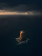 Dawn aerial photograph: a sea stack standing offshore, its top catching first gold above a dark sea.