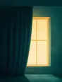 Grainy gradient illustration: A heavy curtain drawn halfway across a bright window, the room behind it falling into soft teal shadow in flat planes.