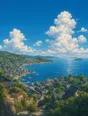 Painted anime scene: The widest view of the bay under an enormous blue-noon sky with towering friendly cumulus, the town a bright ribbon along the shore, water glittering to the horizon.
