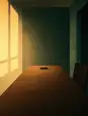 Grainy gradient illustration: A phone lying face down at the far end of a long empty table, big soft window light, the room in flat calm planes.