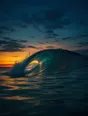 Film photograph: a great ocean wave mid-curl at dusk, backlit spray above teal water and a gold horizon.