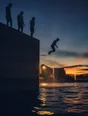 Motion photograph: a high harbour wall at dusk, one man already off the edge and falling toward dark water while three others watch him go