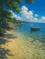Painted anime scene: Clear shallow water at the shore with sunlight netting the sandy bottom, gentle ripples, a rowboat tied a little way out sitting high and easy.
