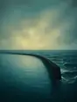Grainy gradient illustration: A long plain harbor breakwater wall holding the water inside it flat and calm while the open sea outside runs choppy, soft timeless teal and grey-green light, no buildings and no tower on the wall.