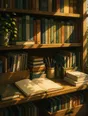 Painted anime scene: A study shelf stocked full and in order: notebooks, texts, jars of pens, paper reams, a plant, morning sun raking along it.