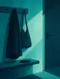 Grainy gradient illustration: A coat and bag hung by the door with the phone left on the shelf beside them, the hallway quiet in soft aqua light.