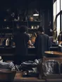 Dark cinematic photograph: Exactly two people at a shop counter, one still speaking, the shop busy behind them.