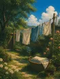 Painted anime scene: A laundry line half hung in a sunny garden, the basket below with the rest folded and waiting, the line swinging in a light breeze.