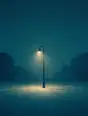 Grainy gradient illustration: Thick snow falling steadily on an empty street, everything softened and still, one streetlamp haloed.