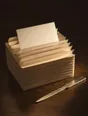 Struck-light photograph: a squared stack of blank envelopes on a dark table, every flap standing open, one letter half out