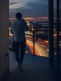 Motion photograph: a man walking out onto a balcony at dusk with a phone to his ear, the city moving below him