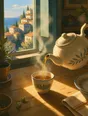 Painted anime scene: A teapot mid-pour into a single cup, steam curling in a bar of window light, everything else on the table soft and still.