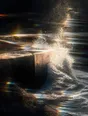 Prism-light photograph: A harbour wall taking a wave, the spray thrown up into hard sun and combing into spectrum.