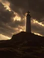 Struck-light photograph: a lighthouse holding through heavy weather at dusk with the sky torn up behind it