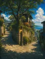 Painted anime scene: A lane forking under big trees, both ways open and sunlit, a small lamp glowing on the corner post between them, the sea showing at the end of one.