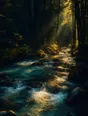 Film photograph: a crystal-clear mountain stream over smooth stones, golden evening light cutting through dark pines.