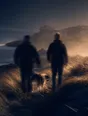 Motion photograph: two men walking a dog together on a coast path at first light, wind moving the grass hard around them