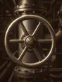 Struck-light photograph: one large valve wheel on a run of dark pipework, a single low light on its rim