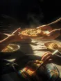 Prism-light photograph: Hands passing a plate around a crowded table, sun across the linen and the steam rising off the food.