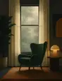 Grainy gradient illustration: A reading chair beside a window of soft grey-green light, the curtains hanging perfectly still, the room in flat planes.