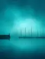 Grainy gradient illustration: Morning fog lying over a still harbor, bare masts calm and orderly, the water like glass.