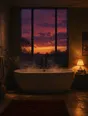 Film photograph: a deep bath freshly drawn, steam rising, a window full of plum and amber dusk sky.