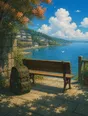 Painted anime scene: A full heavy bookbag standing upright beside a bench that faces calm water, noon light, gulls out over the bay.