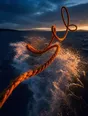 Motion photograph: a rope thrown across water toward the camera, caught mid-air with its coil still unspooling