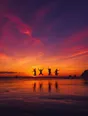 Film photograph: distant friends in silhouette leaping mid-air on a wide beach under a magenta and gold sunset.