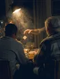 Motion photograph: four men playing cards in a warmly lit room at night, one hand mid-throw and smoke moving in the lamp light