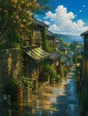 Painted anime scene: The street just after rain at noon with the sun already breaking back through, wet stone steaming and shining, awnings dripping bright, sky clearing fast.