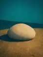 Grainy gradient illustration: A single smooth pale stone resting on a wide stretch of untouched sand.