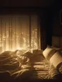 Struck-light photograph: a bedroom at night with the curtain glowing from the city outside and the bed turned down