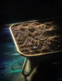 Prism-light photograph: A wheelbarrow filled level to the top with dark earth, hard sun raking across the crumb of the soil.