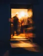 Motion photograph: a door opening into a lit room full of people at night, the room's movement spilling out across the step