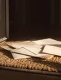 Struck-light photograph: the day's post gathered on a mat inside a front door, morning light coming flat down the hall